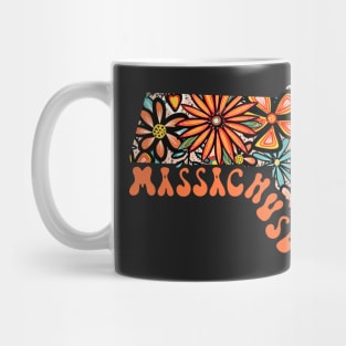 Massachusetts State Design | Artist Designed Illustration Featuring Massachusetts State Outline Filled With Retro Flowers with Retro Hand-Lettering Mug